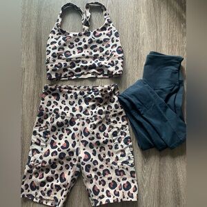 Leopard Print Sports Bra and Shorts Set with Black Leggings
